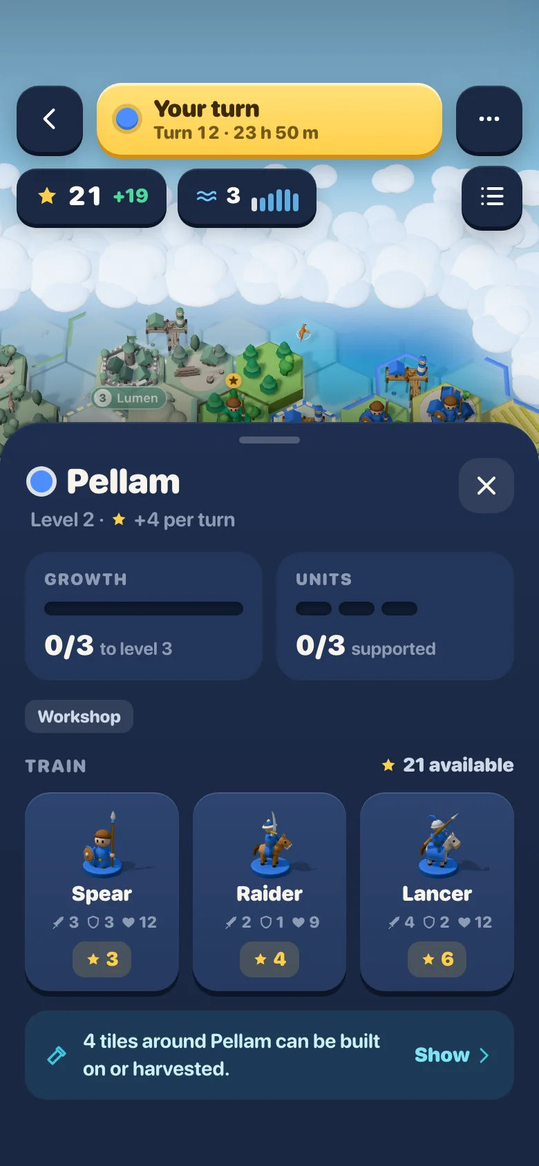 A city in the game: its level, growth, the units it supports and the units it can train.