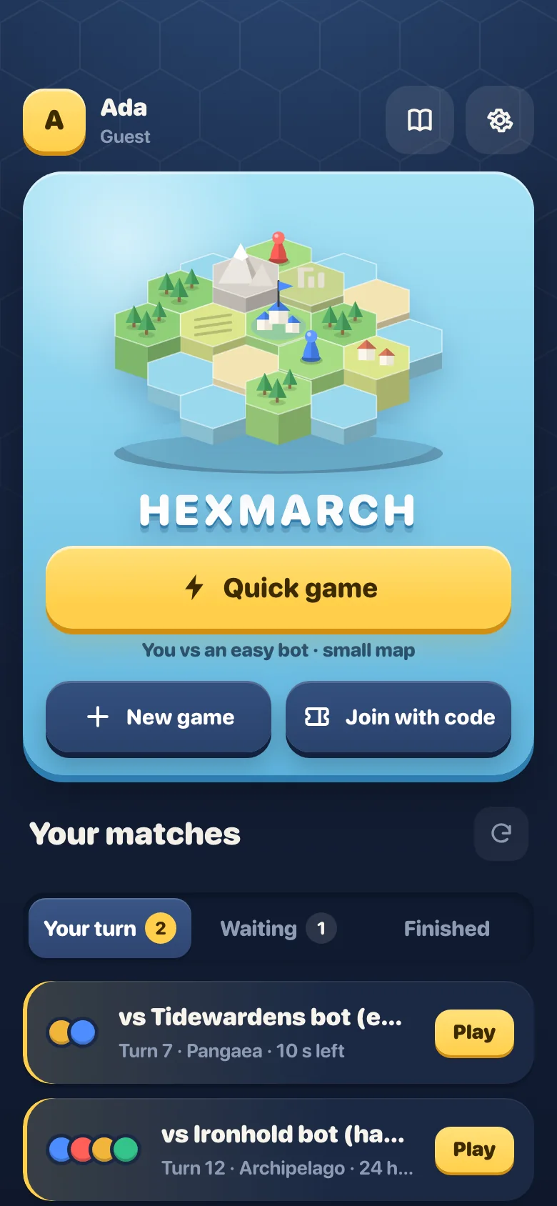 The game's home screen: Quick game, New game, Join with code, and your matches with your turns first.