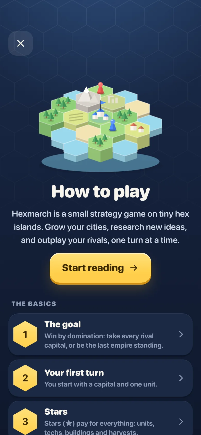The in-game manual: How to play, with short pages on the goal, your first turn and stars.