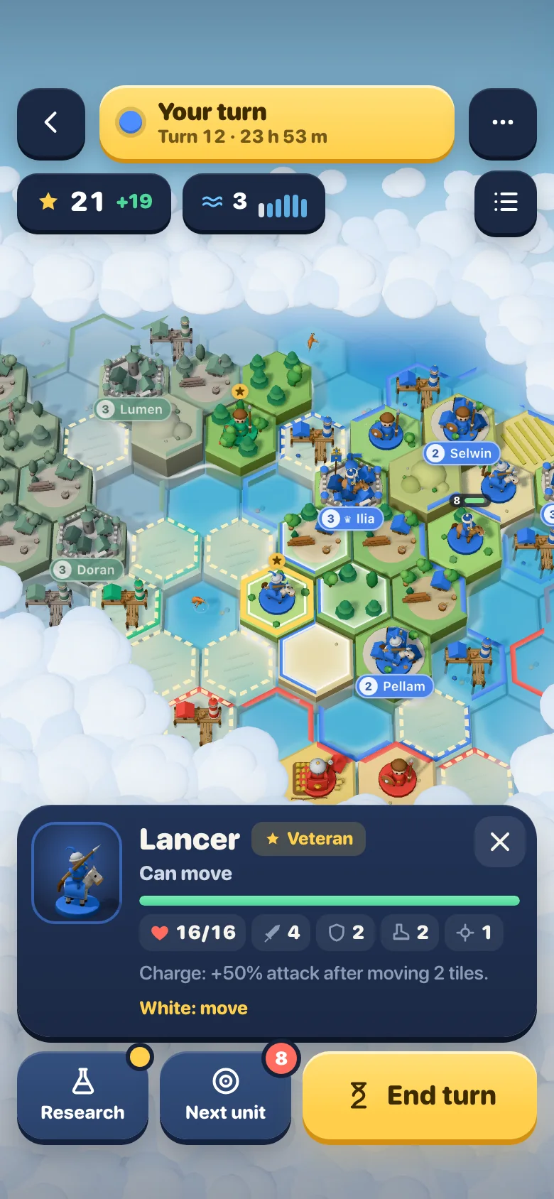 A match in the game: a veteran Lancer selected on the board, the tiles it can reach lit up and its card at the bottom.