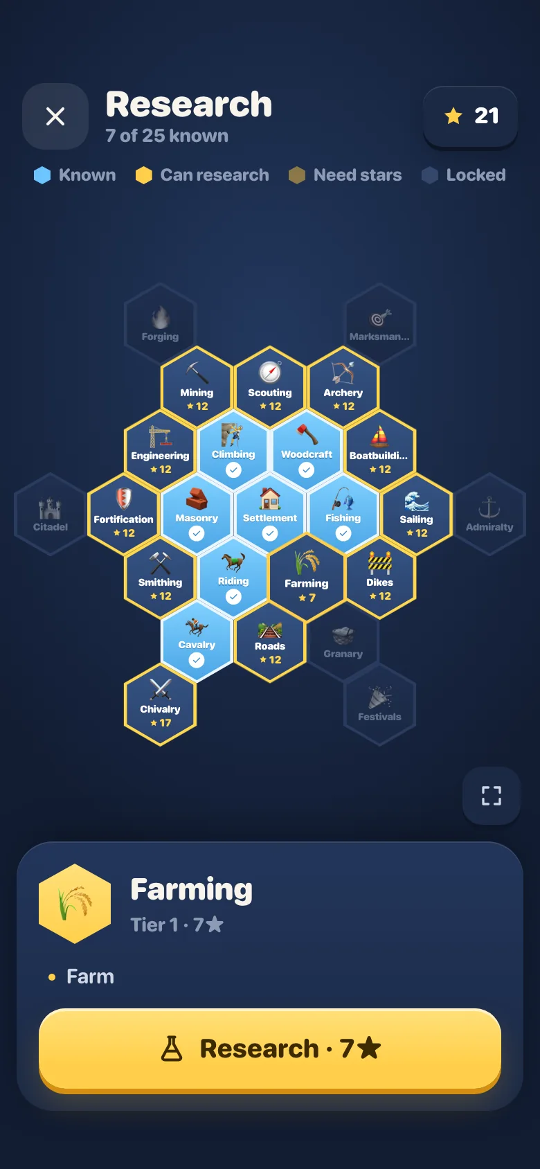 The tech web in the game: hex-shaped techs around Settlement, owned ones lit, the next ring showing their costs.